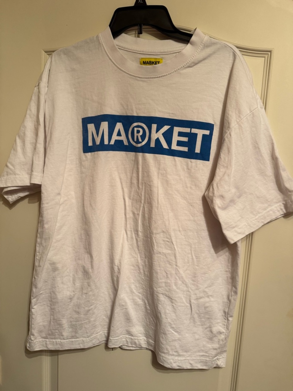 Market Studios Shirt Box Logo Graphic Tee Mens Sz Large White Blue heavyweight
